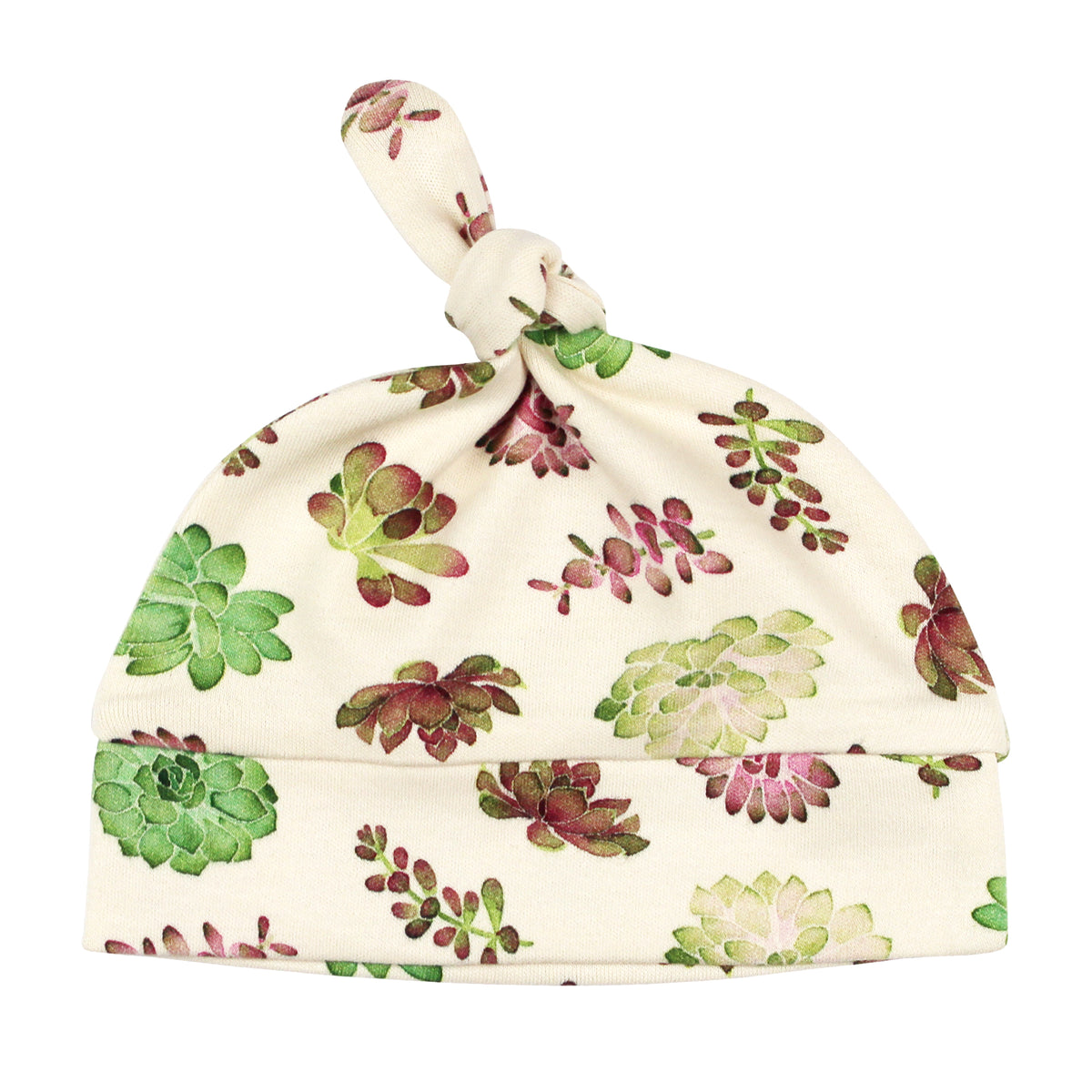 Organic Knotted Baby Hat, Buttercream Succulents Print, A cream knotted baby hat printed with green and burgundy succulent illustrations.