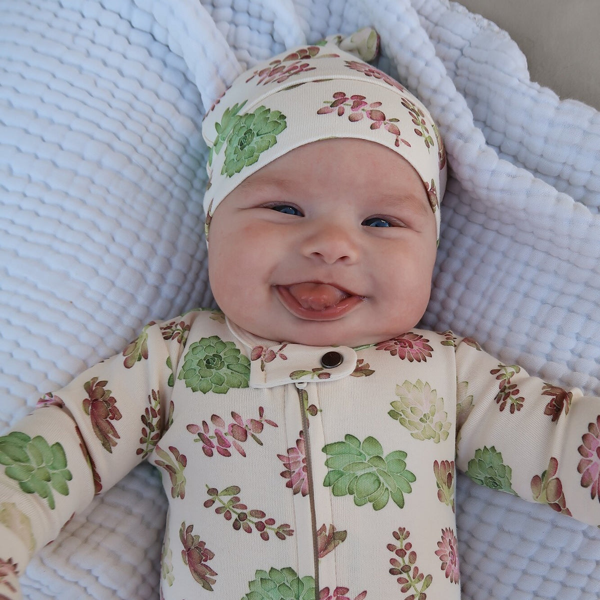 Organic Knotted Baby Hat, Buttercream Succulents Print, view 2