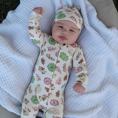 Organic Knotted Baby Hat, Buttercream Succulents Print, view 3