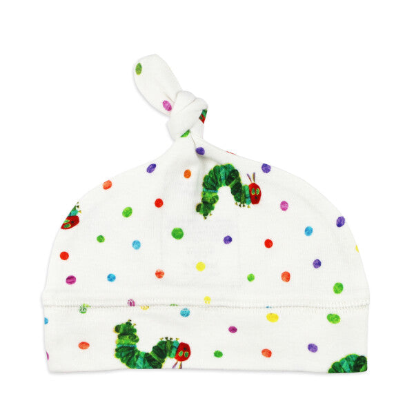 Organic Knotted Baby Hat, Caterpillar Print, A white knotted baby hat printed with green caterpillars and multicolor polka dots.