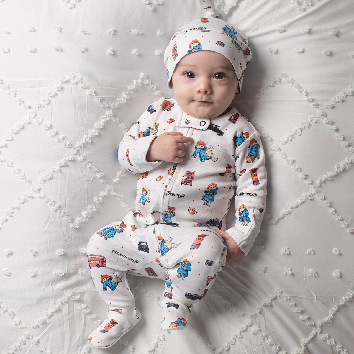 Organic Knotted Baby Hat, London Paddington Print, view 3
