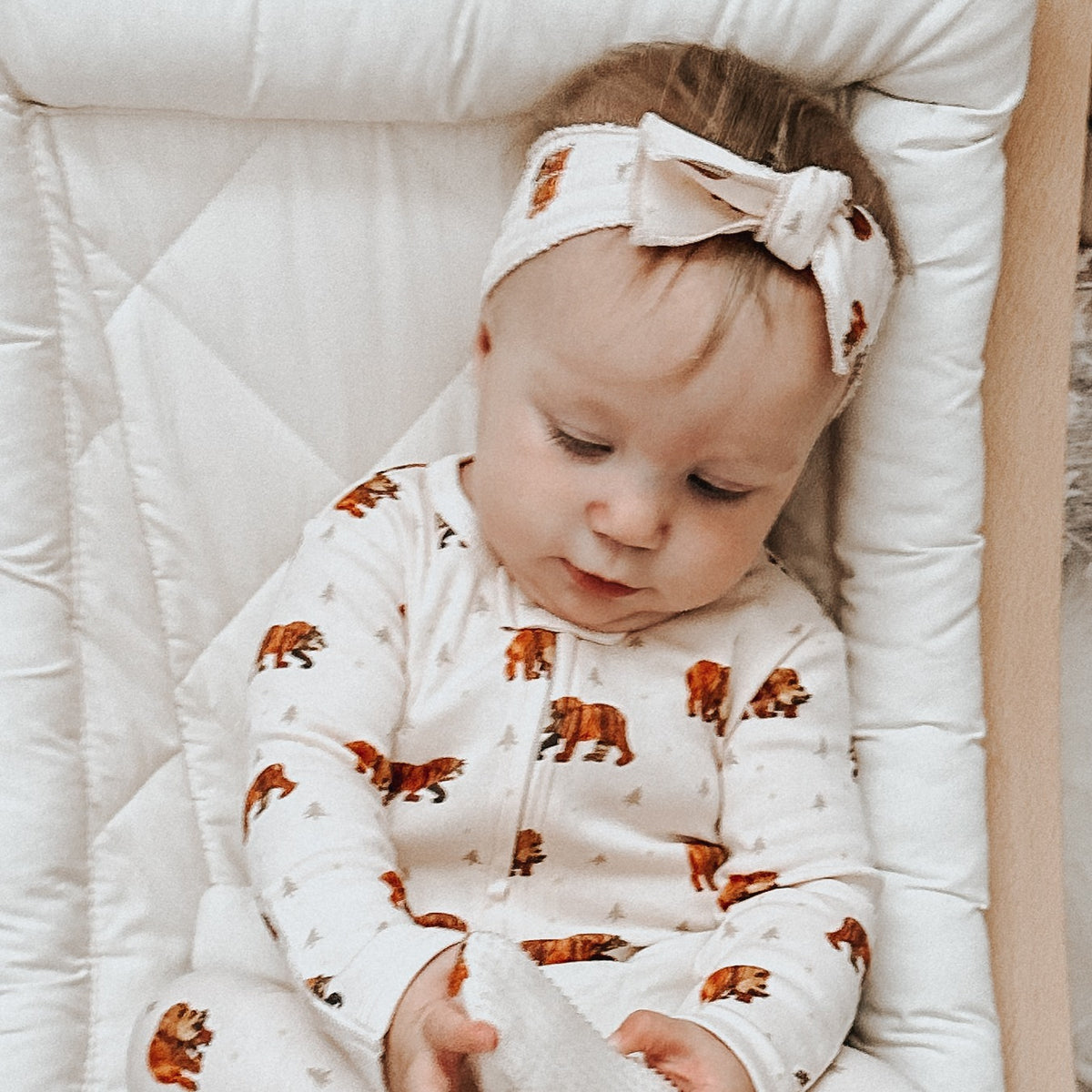 Organic Smocked Bow Headband, Brown Bear Print, view 2