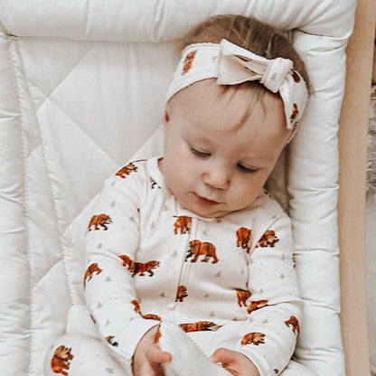 Organic Smocked Bow Headband, Brown Bear Print, view 2