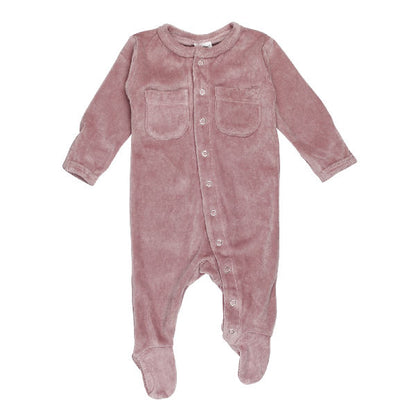 Organic Velour Footie in Mauve, A mauve pink velour footie pajama with snap front closure, two chest pockets, and footed legs, laid flat.