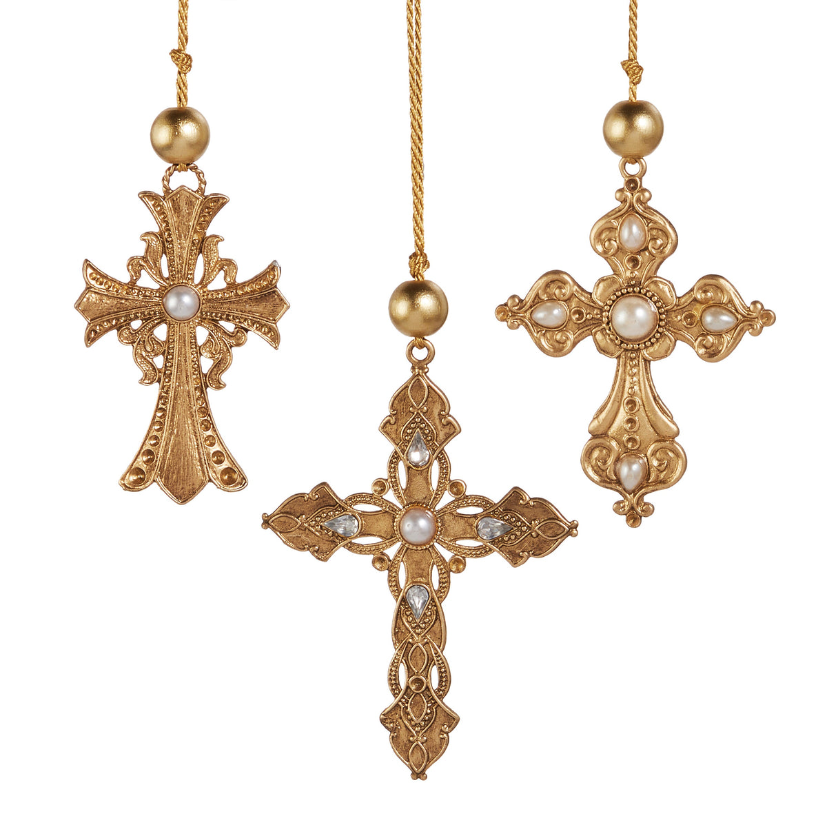 Ornate Gold Cross Ornament with Pearl, Three ornate gold metal cross ornaments on gold cords, each set with pearl-look stones, the center cross also set with clear teardrop stones.