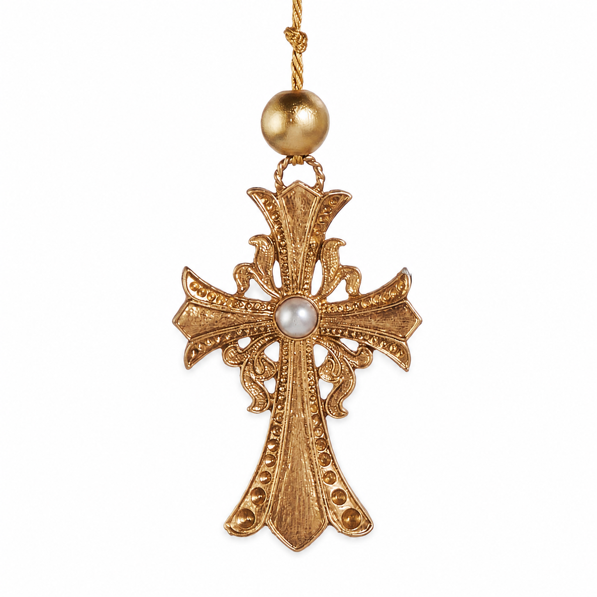 Ornate Gold Cross Ornament with Pearl, Flared Cross design