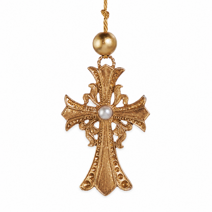 Ornate Gold Cross Ornament with Pearl, Flared Cross design