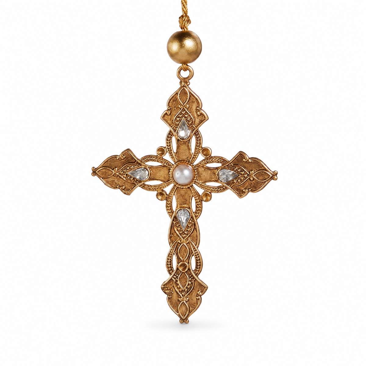 Ornate Gold Cross Ornament with Pearl, Crystal Cross design