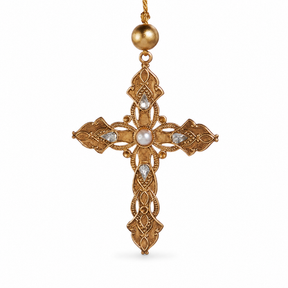 Ornate Gold Cross Ornament with Pearl, Crystal Cross design