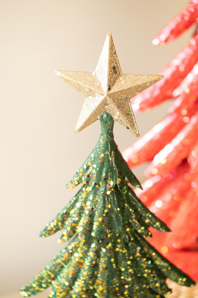 Painted Metal Christmas Tree with Glitter, Two painted metal Christmas trees with glitter finish and gold star toppers, one taller than the other.