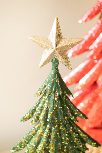 Painted Metal Christmas Tree with Glitter, Two painted metal Christmas trees with glitter finish and gold star toppers, one taller than the other.