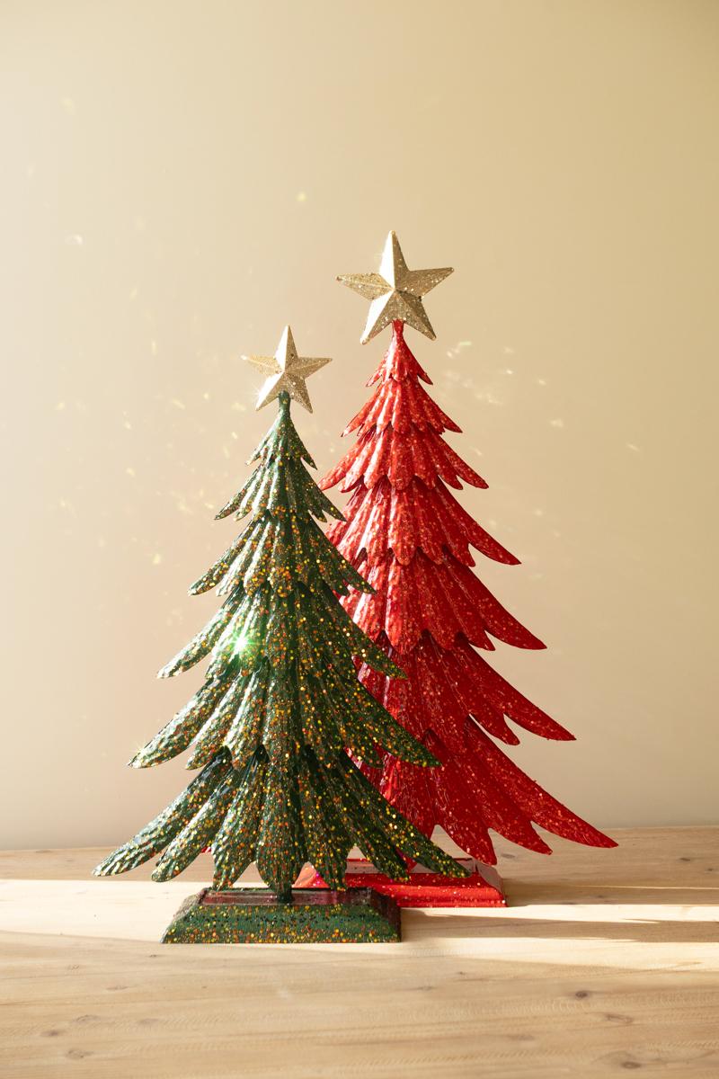 Painted Metal Christmas Tree with Glitter, Two painted metal Christmas trees with glitter finish and gold star toppers, one taller than the other.