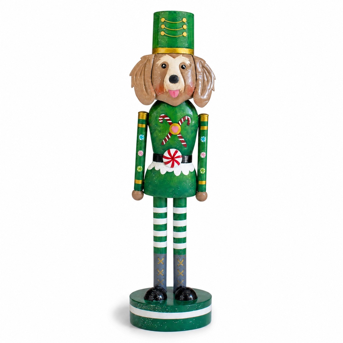 Painted Metal Dog Nutcracker, Golden Retriever design: a tan dog with floppy ears in a green coat painted with candy canes and a peppermint, a green hat, red and white striped legs, a green base