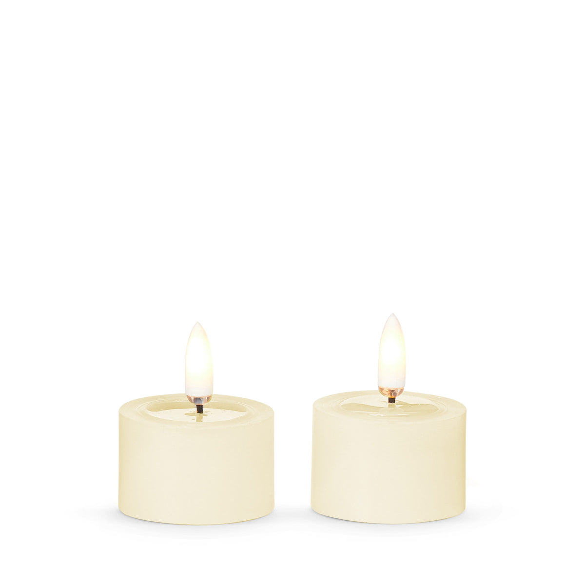 Pair of Ivory Melted Top Flameless Tealights, Two ivory flameless tealights with melted wax tops and lit flame-shaped tips, side by side on a white background.