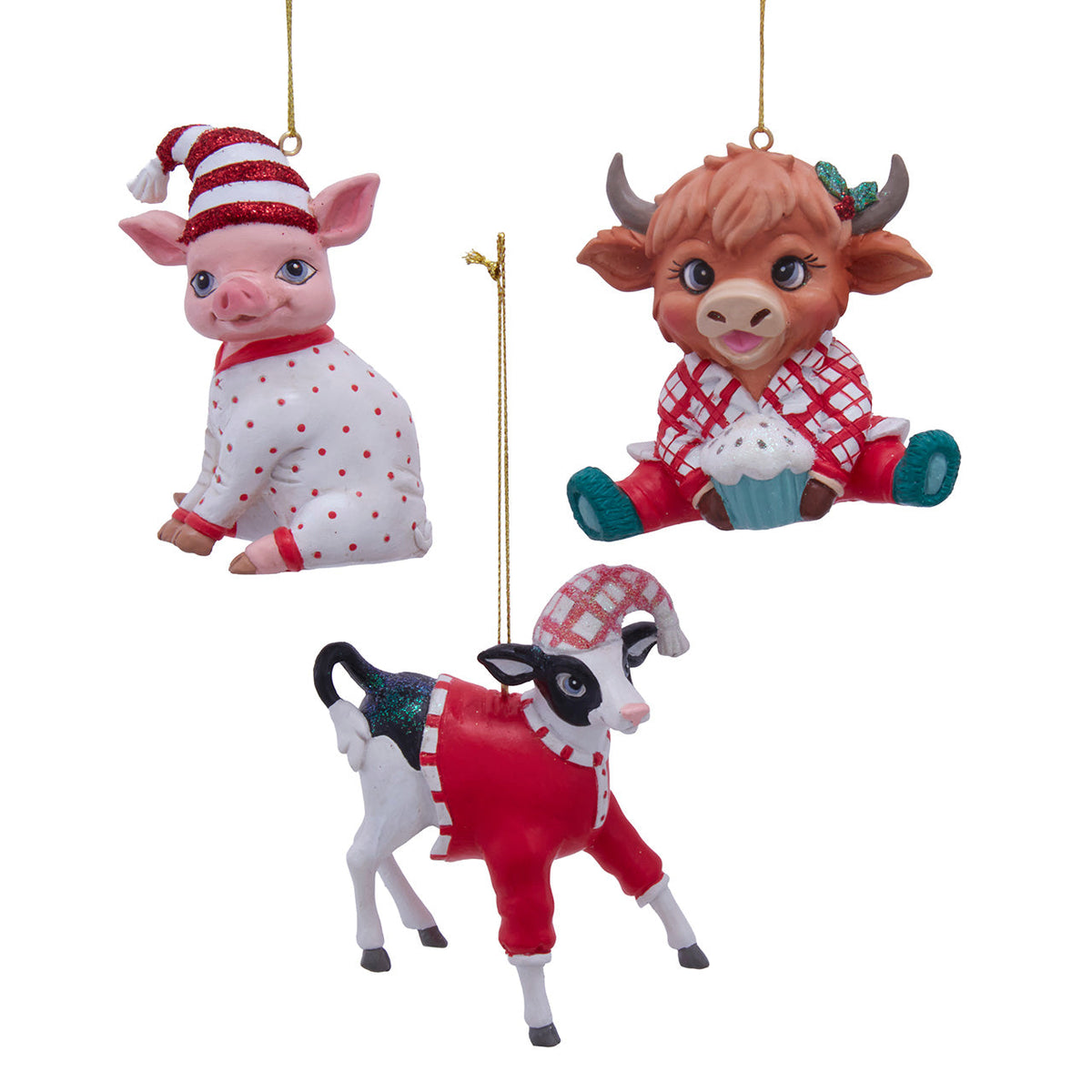 A resin ornament of a farm animal in Christmas pajamas and a nightcap.