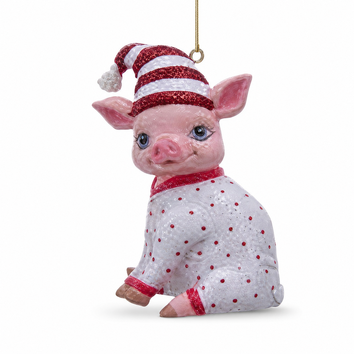 Pajama Farm Animal Christmas Ornament, Pig design: sitting up in white spotted pajamas and a striped nightcap