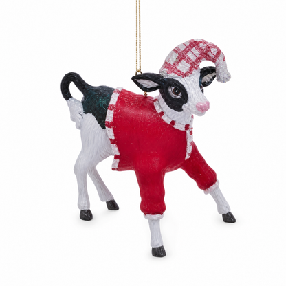 Pajama Farm Animal Christmas Ornament, Goat design: black and white, in a red union suit and a checked nightcap