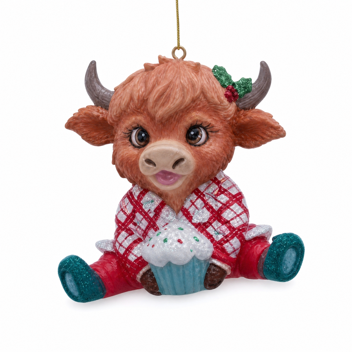 Pajama Farm Animal Christmas Ornament, Highland Cow design: a ginger calf in red plaid, holding a frosted cupcake