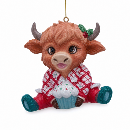 Pajama Farm Animal Christmas Ornament, Highland Cow design: a ginger calf in red plaid, holding a frosted cupcake