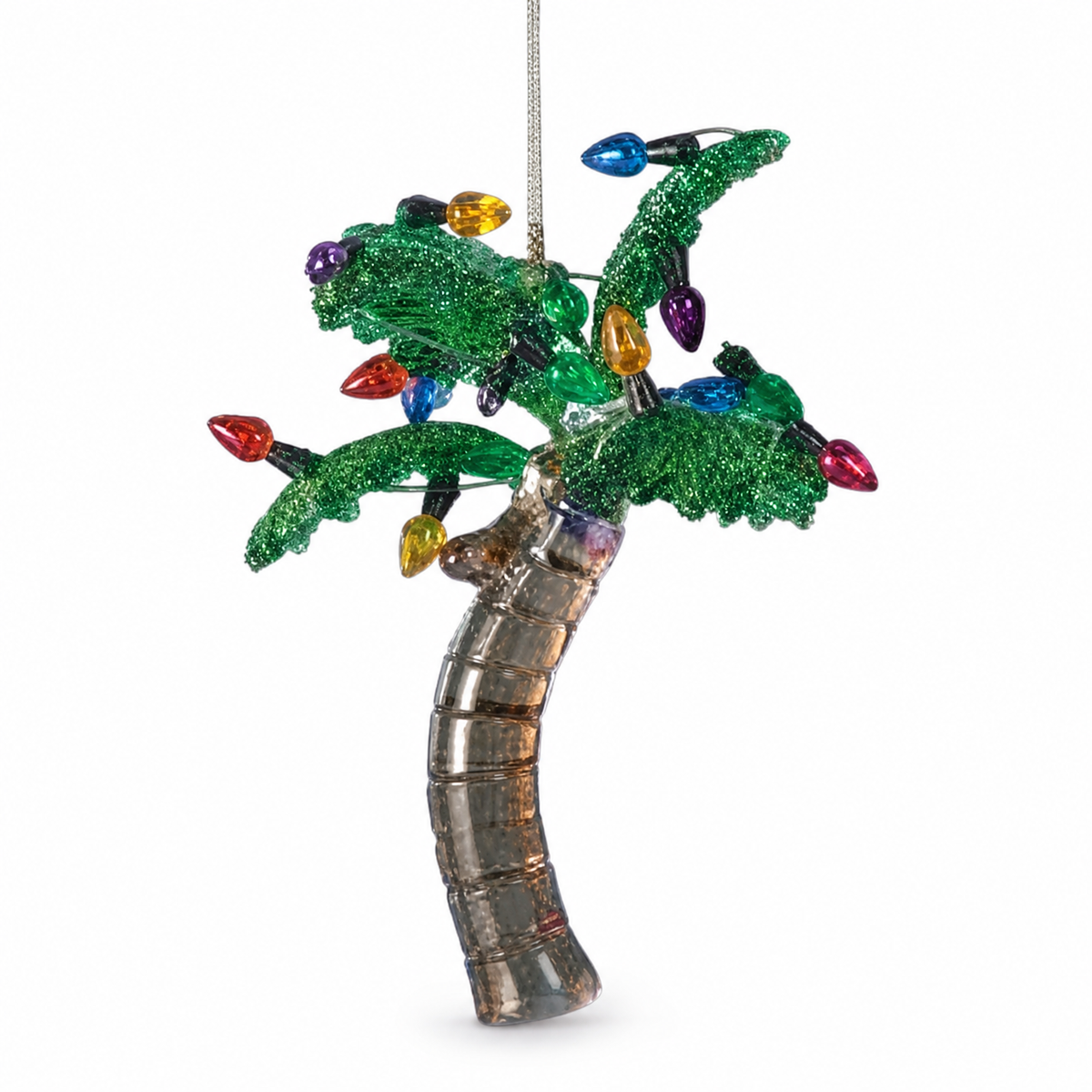 Glass Palm Tree Christmas Ornament, Upright Palm design: a tall crown of fronds over a trunk that rises nearly straight