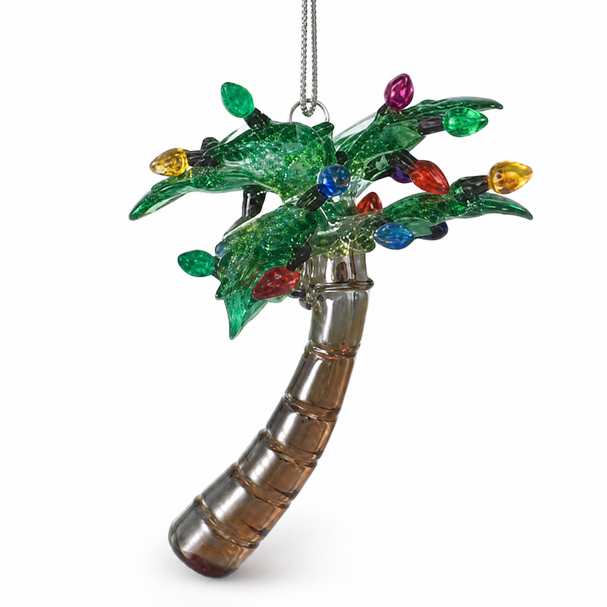 Glass Palm Tree Christmas Ornament, Leaning Palm design: a wide crown over a trunk that sweeps to one side