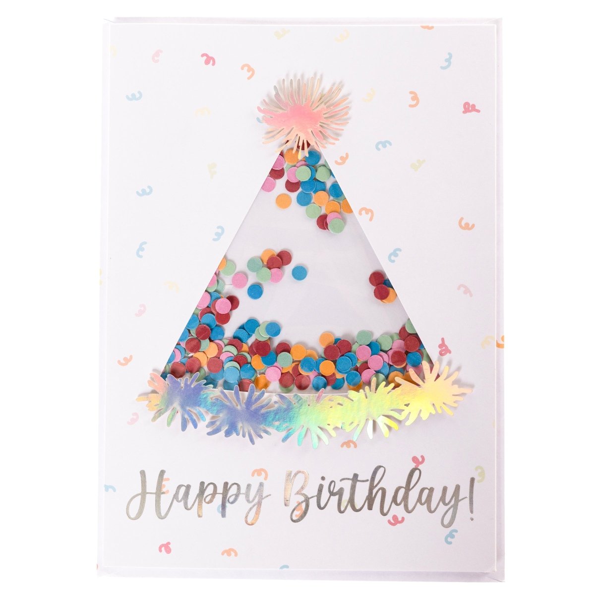 Party Hat Handmade Card, A white card with a die-cut party hat window filled with colorful confetti, silver holographic foil Happy Birthday text, and pom-pom tip-ons, shown with its envelope.