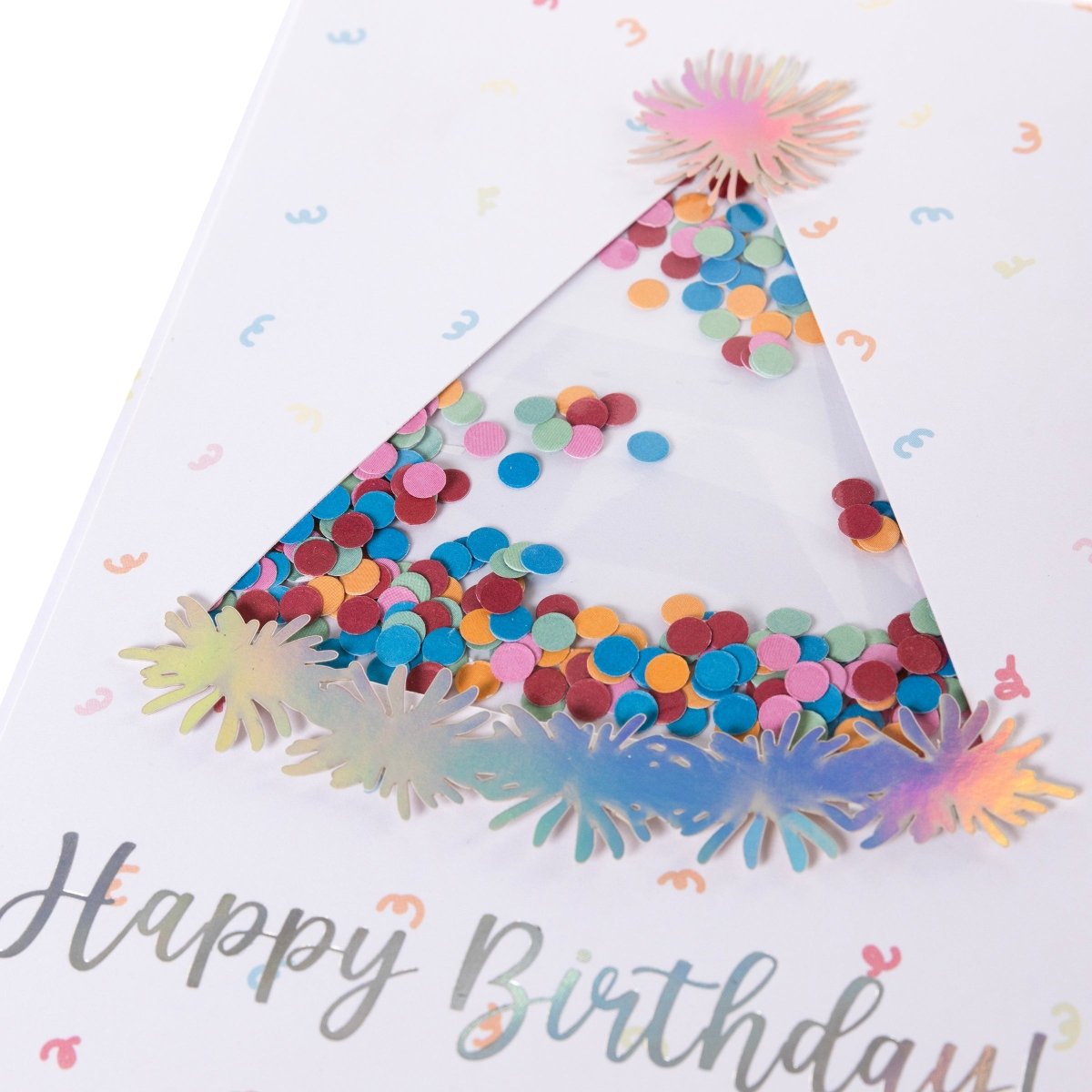 Party Hat Handmade Card, A white card with a die-cut party hat window filled with colorful confetti, silver holographic foil Happy Birthday text, and pom-pom tip-ons, shown with its envelope.
