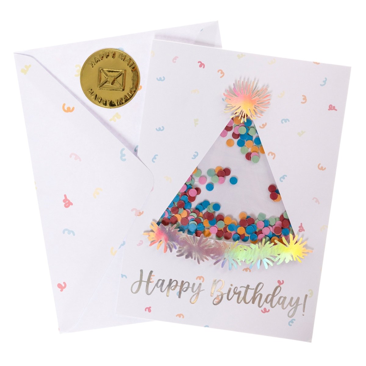 Party Hat Handmade Card, A white card with a die-cut party hat window filled with colorful confetti, silver holographic foil Happy Birthday text, and pom-pom tip-ons, shown with its envelope.
