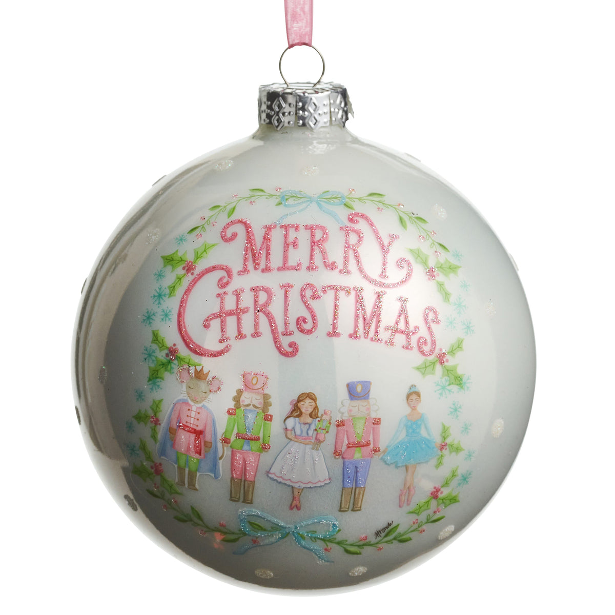 Pastel Nutcracker Ballet Ball Ornament, A pastel glass ball ornament illustrated with the Nutcracker Suite characters and a glittered Merry Christmas script.