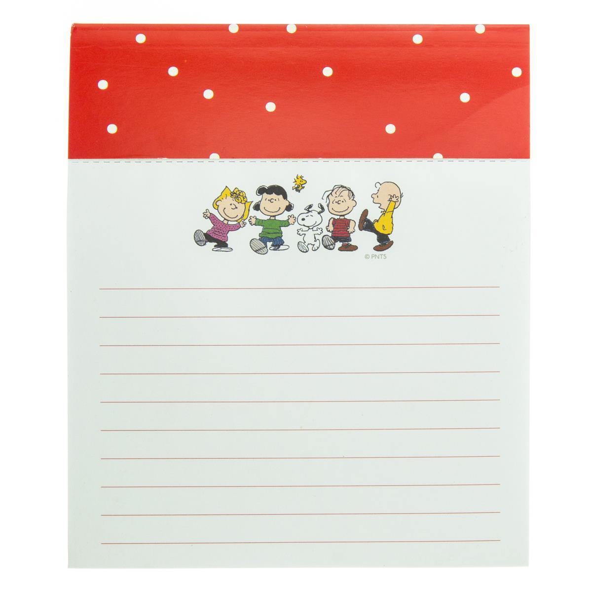 Peanuts Gang Jotter Notepad, A white jotter notepad with the Peanuts characters Charlie Brown, Snoopy, Linus, Lucy, Sally and Woodstock printed across the top of each sheet.