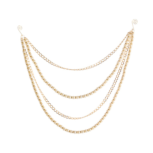 Pearl and Gold Chain Swag Garland, A gold swag garland of four draped tiers, alternating strands of ivory pearls and gold chain, with a spiral hook at each end.