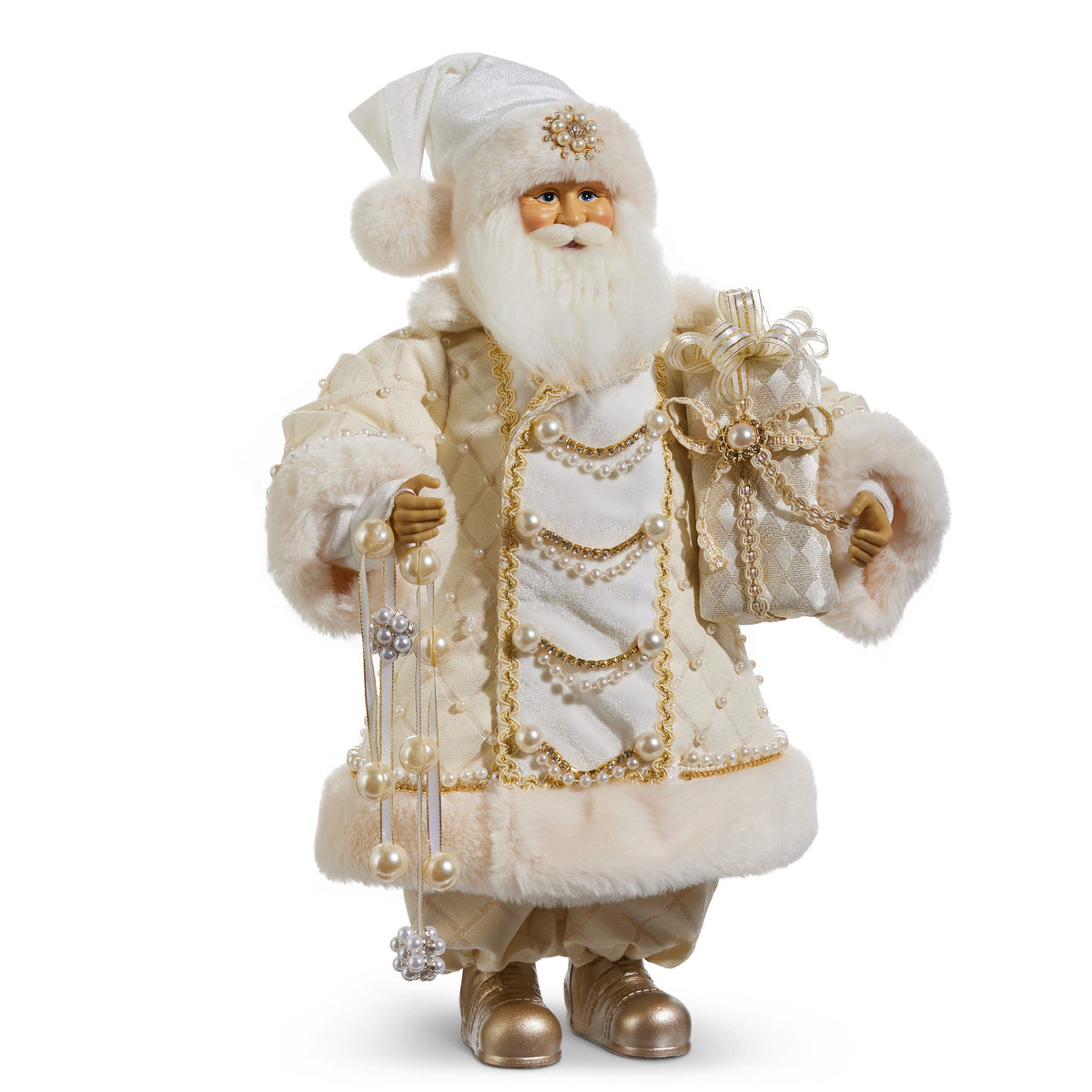 Pearl and Jewel Champagne Santa Figure, A standing Santa figure in an ivory quilted coat trimmed with faux fur and strands of pearls, holding a pearl garland and a wrapped ivory gift with a gold-striped bow.