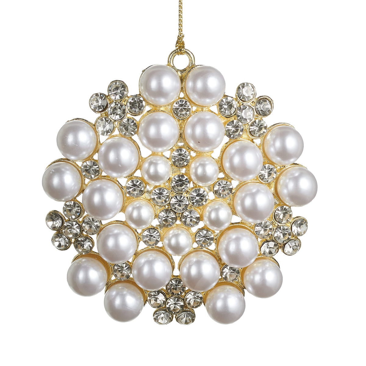 Pearl Brooch Ornament, A brooch-shaped ornament with a gold starburst setting studded with pearls and clear rhinestones, hanging from a gold cord.