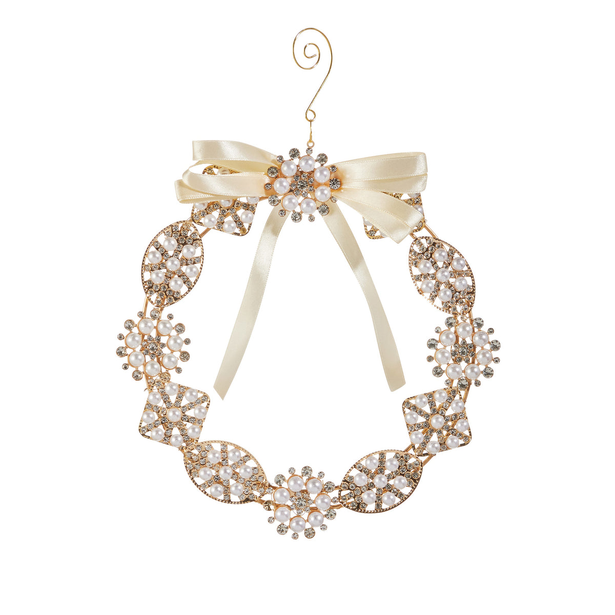 Pearl Brooch Wreath Ornament, A round gold-tone wreath ornament of linked brooch-style medallions studded with pearls and clear stones, topped with a cream ribbon bow and a gold swirl hook.