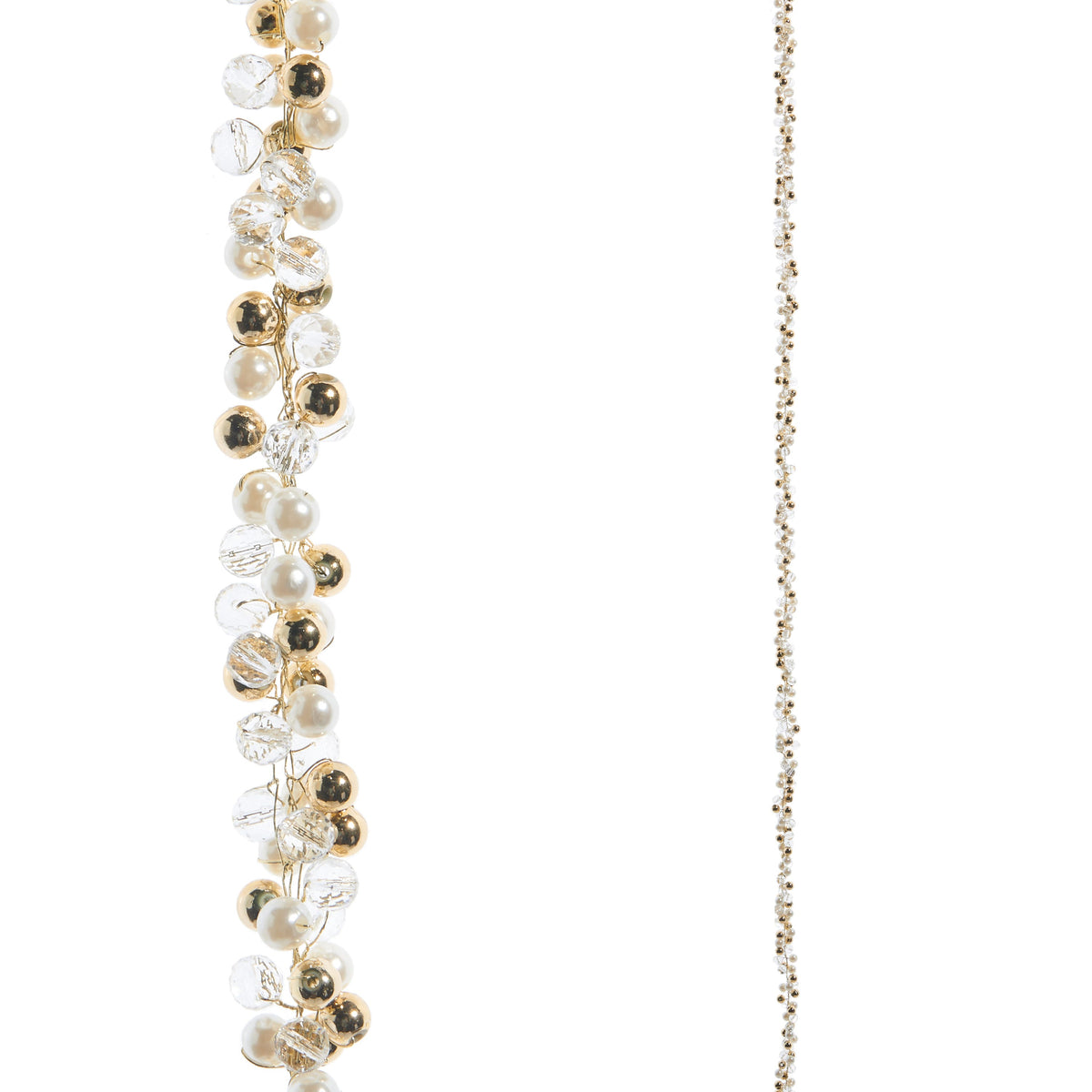 Pearl, Clear and Gold Beaded Garland, A garland of clustered pearl, faceted clear and shiny gold beads on gold wire, shown close up beside a full-length view.
