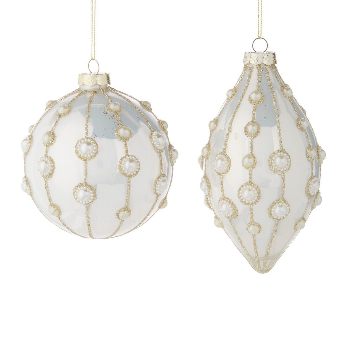 Pearl Embellished Glass Ornament, Two white glass ornaments, a round ball and a pointed teardrop, decorated with vertical gold glitter lines and rows of pearl beads beneath gold caps.