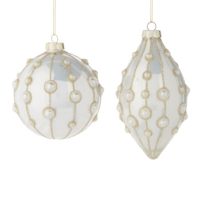 Pearl Embellished Glass Ornament, Two white glass ornaments, a round ball and a pointed teardrop, decorated with vertical gold glitter lines and rows of pearl beads beneath gold caps.