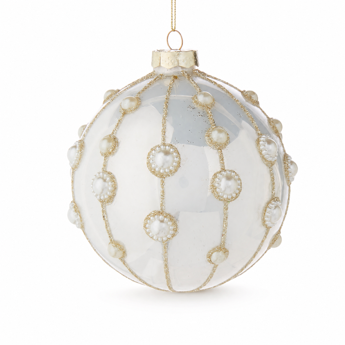 Pearl Embellished Glass Ornament, Ball design: 4 inches in diameter