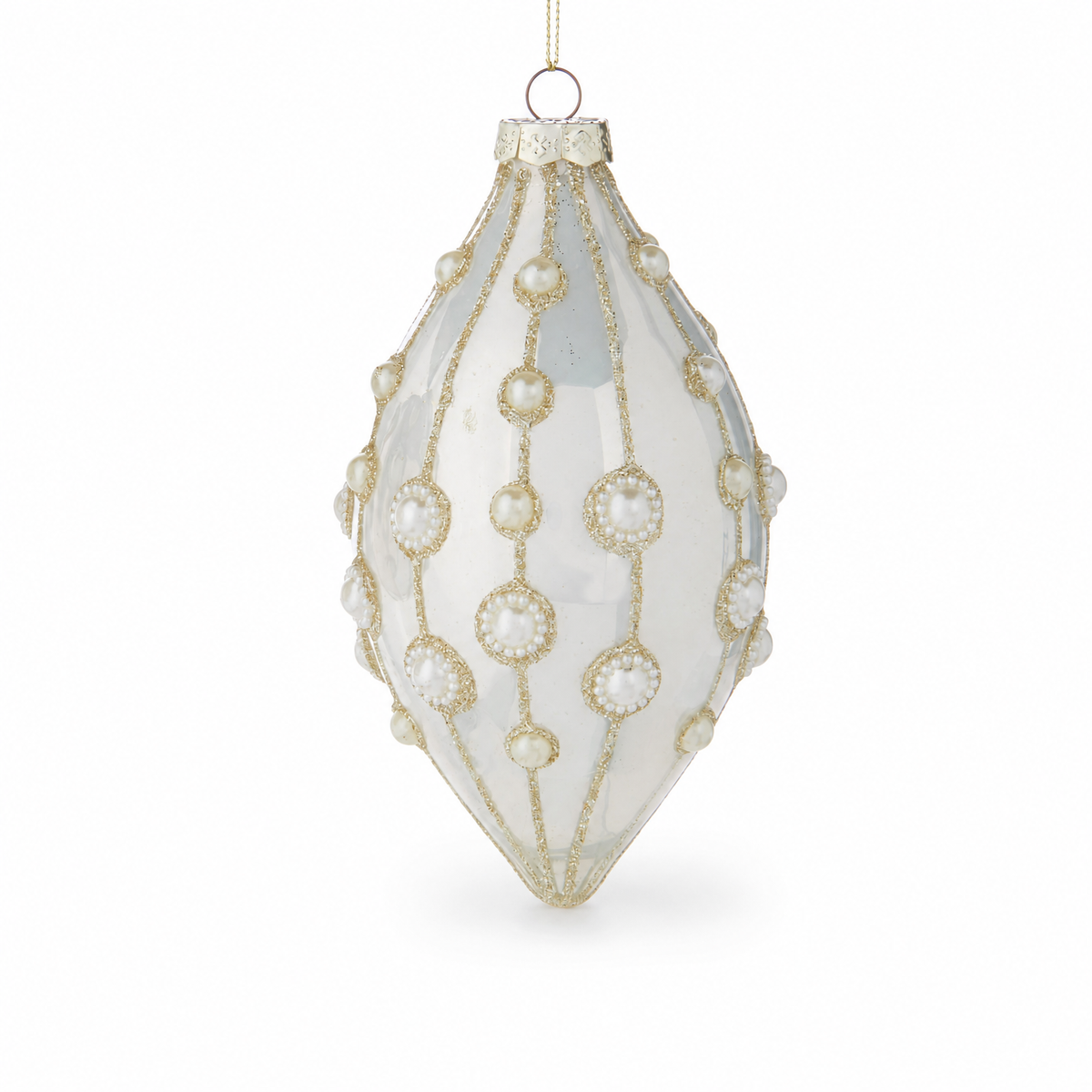 Pearl Embellished Glass Ornament, Teardrop design: 3.5 inches in diameter and 6.5 inches tall