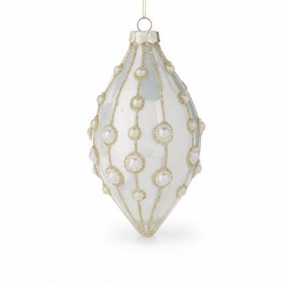 Pearl Embellished Glass Ornament, Teardrop design: 3.5 inches in diameter and 6.5 inches tall