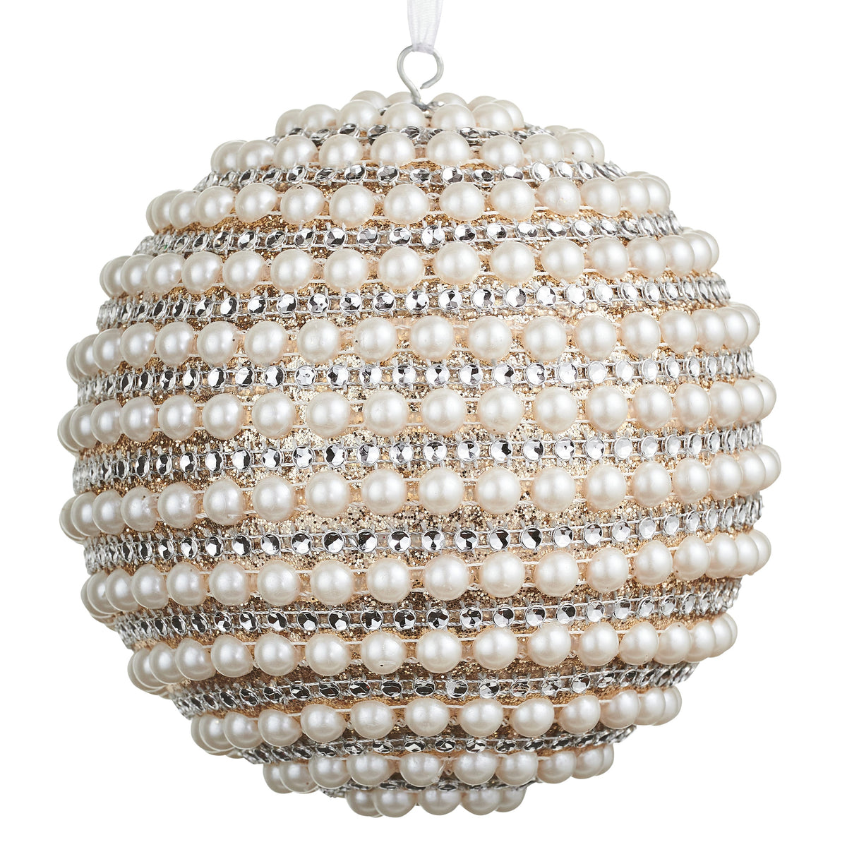 Pearled Ball Ornament, 5 Inch, A large round ornament covered in rows of cream pearls and clear rhinestones over gold glitter, with a ribbon loop for hanging.