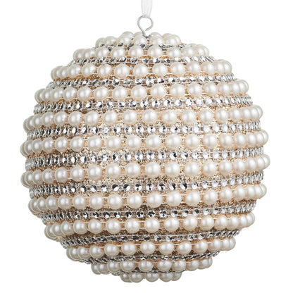 Pearled Ball Ornament, 5 Inch, A large round ornament covered in rows of cream pearls and clear rhinestones over gold glitter, with a ribbon loop for hanging.