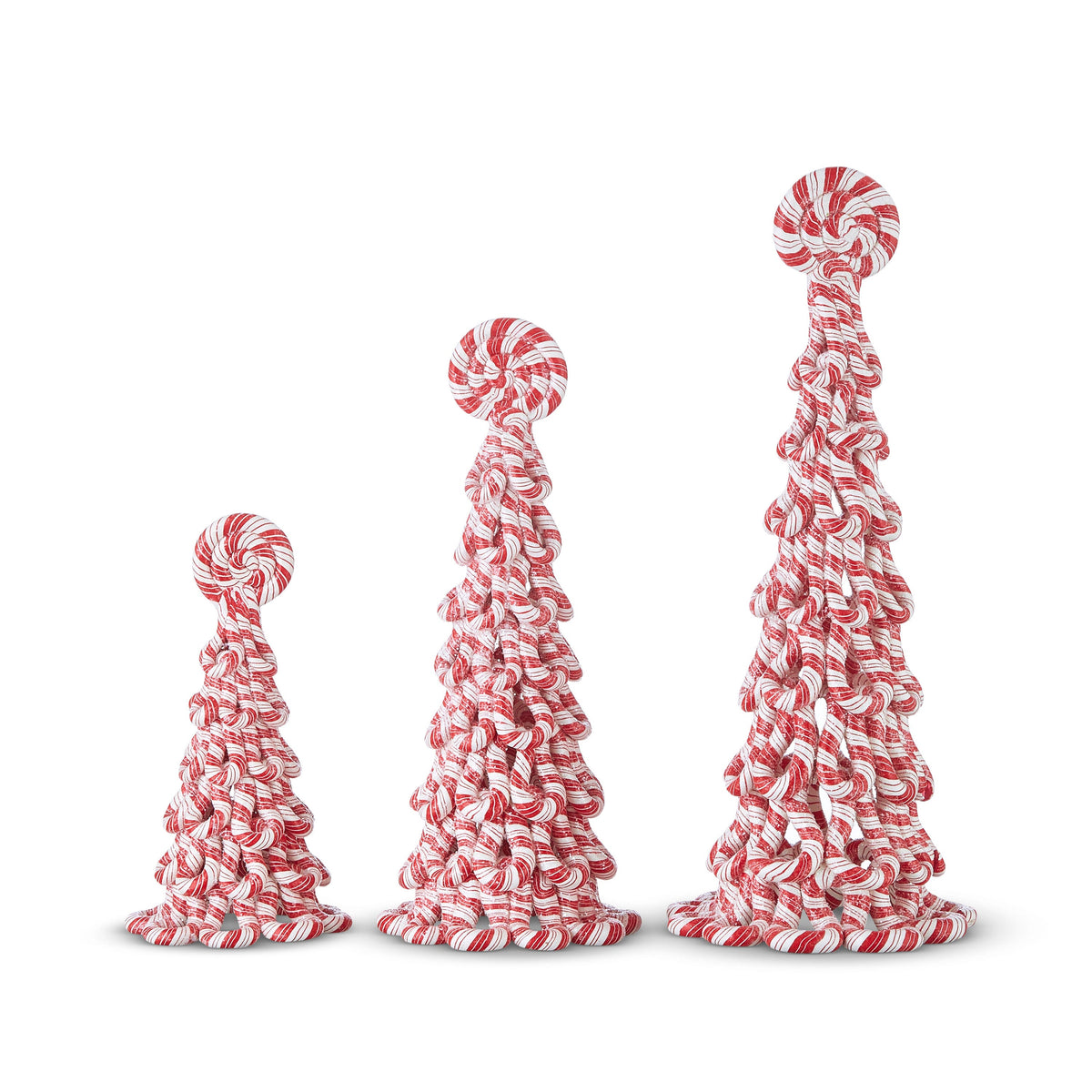 Peppermint Swirl Tabletop Christmas Tree, Small, medium and large red and white peppermint-striped cone trees side by side, each built of looped stripes and topped with a round peppermint swirl.