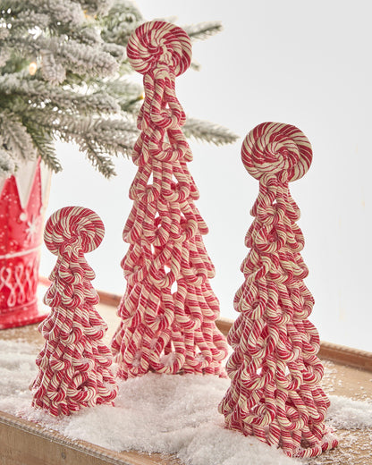 Peppermint Swirl Tabletop Christmas Tree, Small, medium and large red and white peppermint-striped cone trees side by side, each built of looped stripes and topped with a round peppermint swirl.