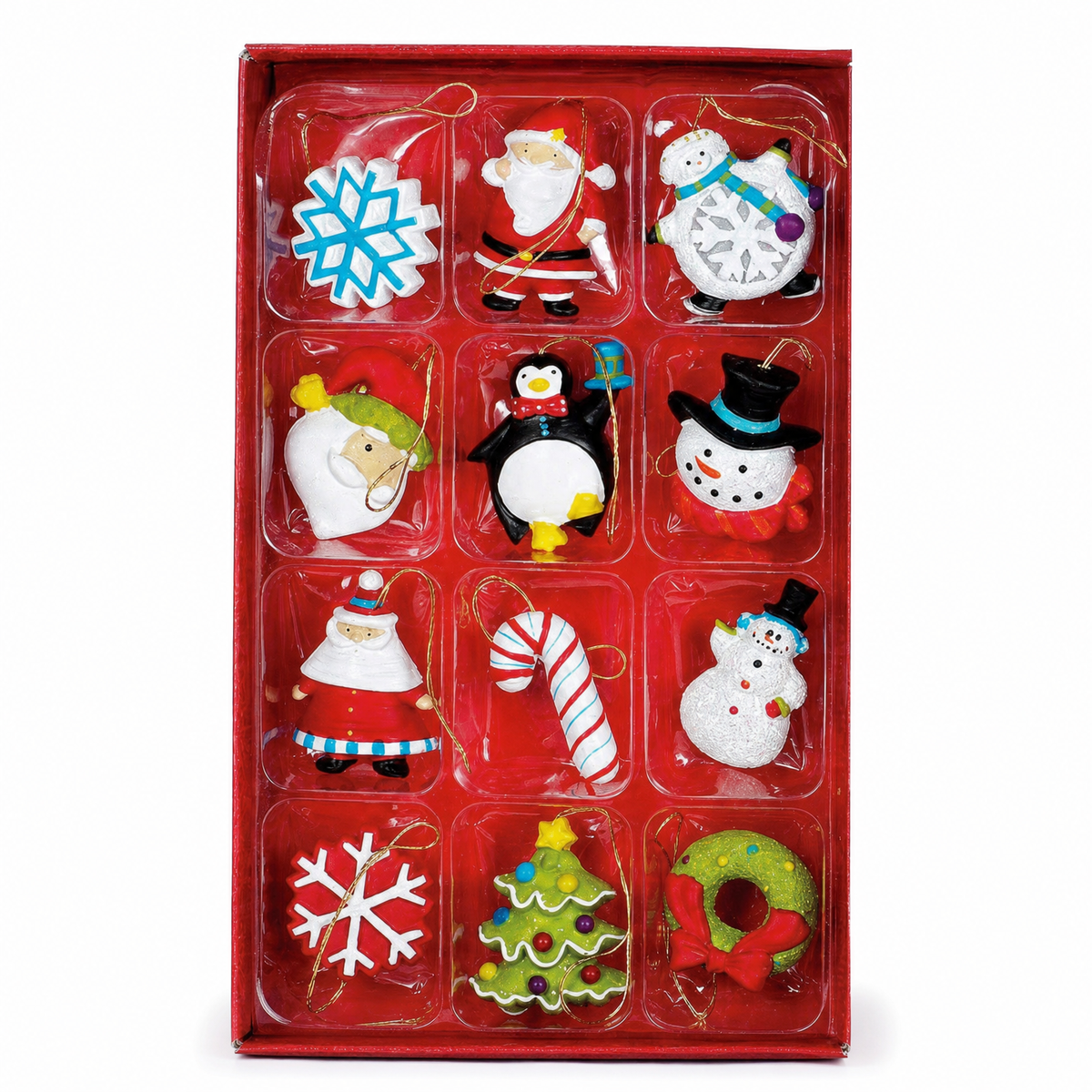 Petite Treasures Mini Christmas Ornaments, Box of 12, Penguin and Wreath design: three Santas, three snowmen, a penguin, a candy cane, a tree, a wreath and two snowflakes