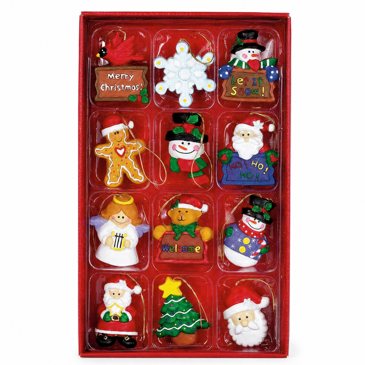 Petite Treasures Mini Christmas Ornaments, Box of 12, Greeting Signs design: four figures holding Merry Christmas, Let It Snow, Ho Ho Ho and Welcome signs, plus an angel, a gingerbread man, two snowmen, two Santas, a snowflake and a tree