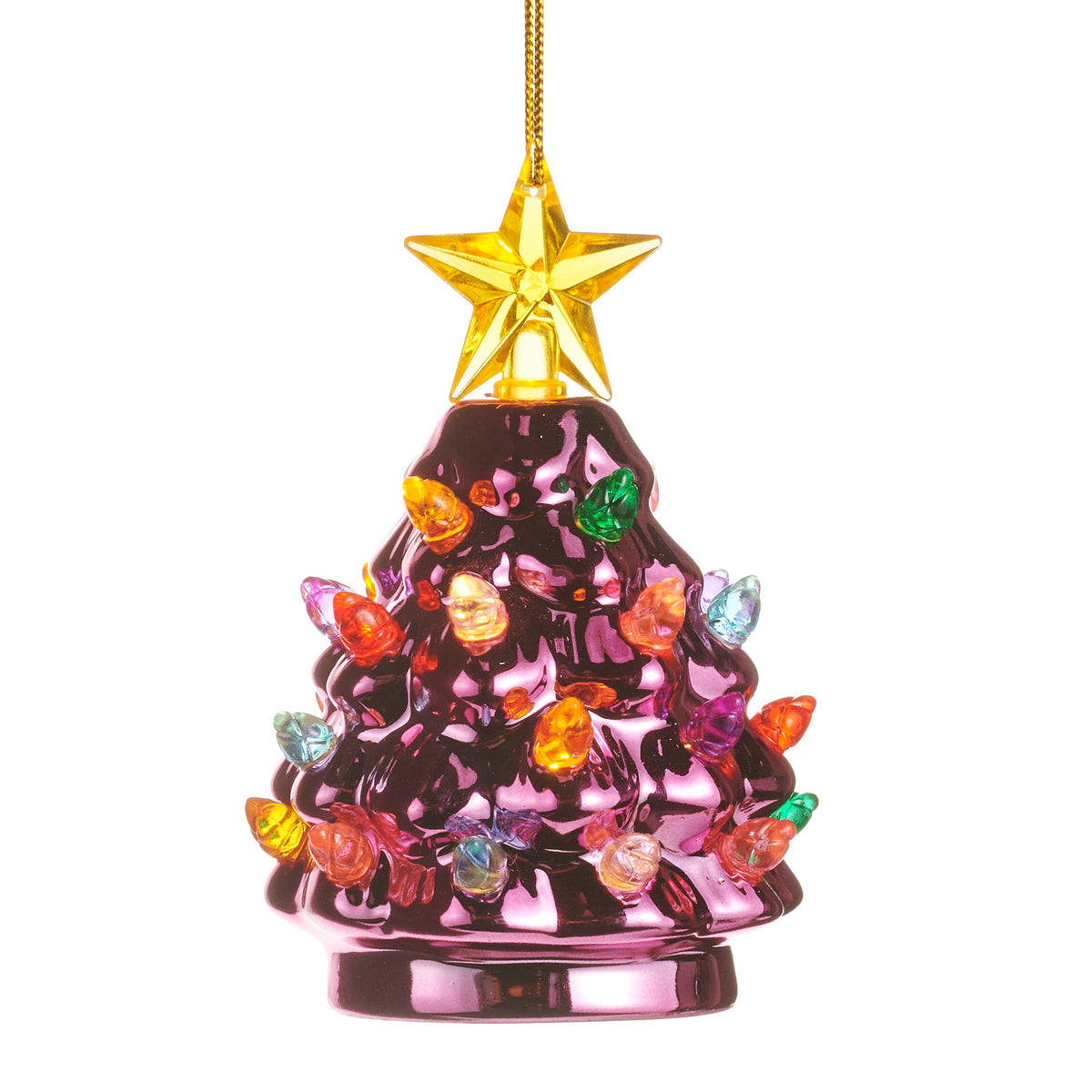 Pink Metallic Tree Lighted Ornament, A small pink metallic Christmas tree ornament with a gold star top and multicolor bead lights, hanging from a gold cord.
