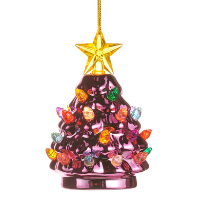 Pink Metallic Tree Lighted Ornament, A small pink metallic Christmas tree ornament with a gold star top and multicolor bead lights, hanging from a gold cord.