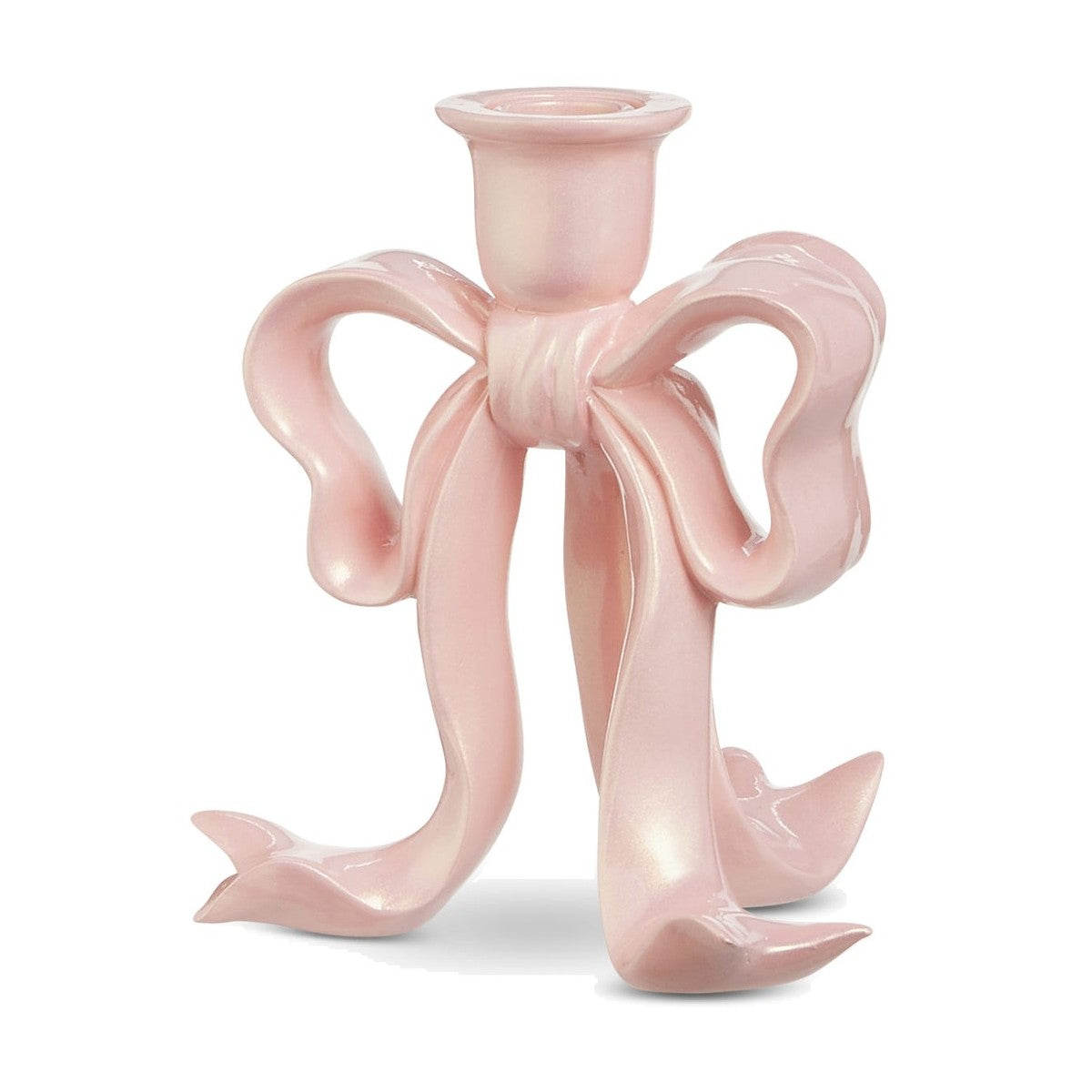 Pink Pearlescent Bow Candlestick, Pink pearlescent resin candlestick shaped like a ribbon bow with streamer legs, shown in the small, medium and large sizes.