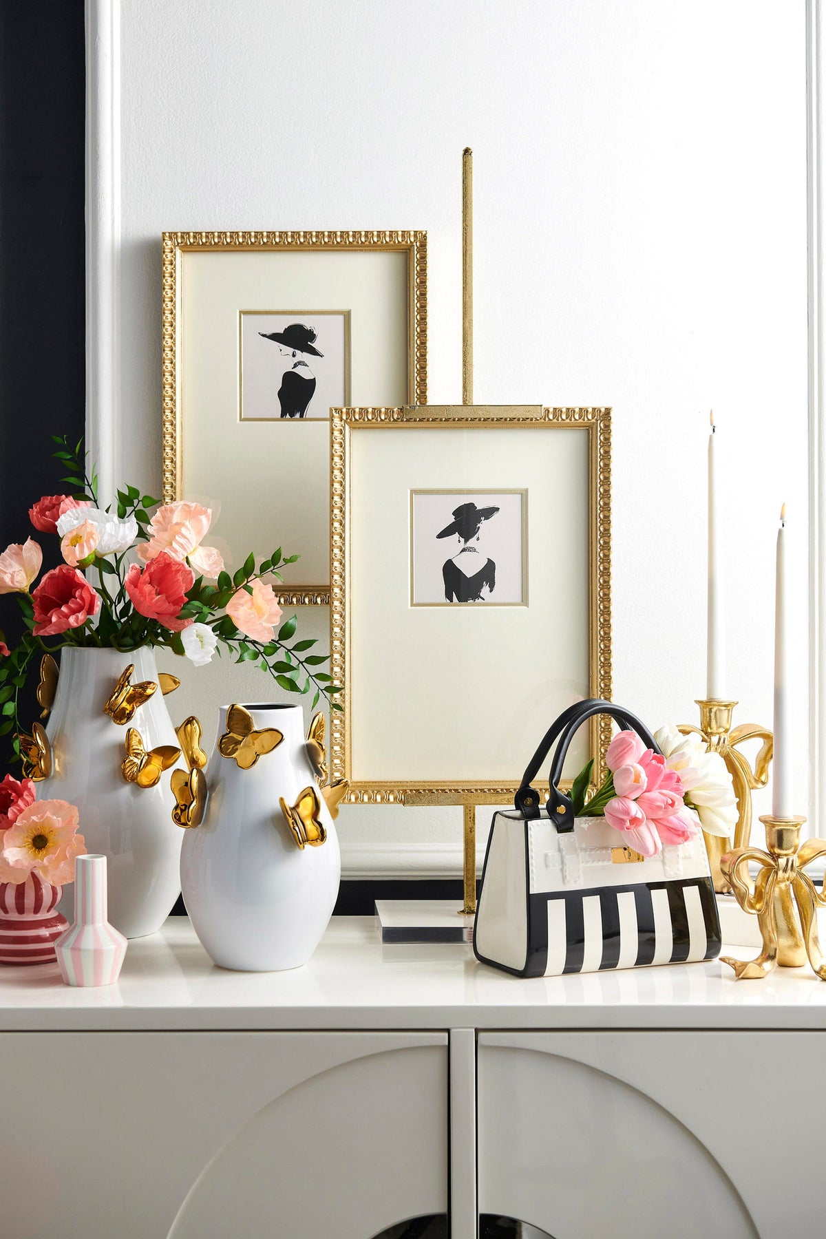9.5" Purse Vase, A glossy pink dolomite vase shaped like a structured handbag with pink leather-look handles and a gold tone clasp.